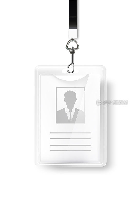 Badge with name or id tag with metal carbineand ribbon. Identification card with photo and information vector illustration. Plastic mock up template for conference event, office employee pass